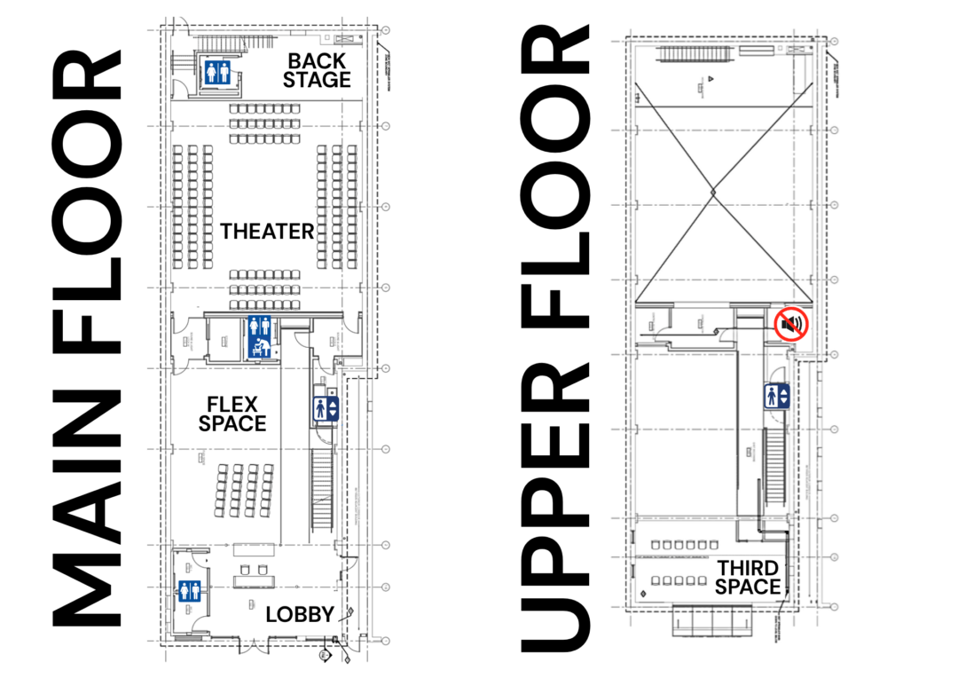 Maps of the two floors of 825 Arts. The first depicts the lobby, flex space, theater, and backstage areas. In the first map, the lobby has bathrooms to the left hand side as the viewer sees it. On the right hand side of the lobby are stairs to the second floor. Under the stairs on the right hand side is an elevator. At the back of the flex space are two entries to the theater, and in the middle of the right side is a bathrooom with a changing table. In the theater, backstage, is another bathroom, emergency exits, and stairs to the mezzanine. On the second floor, a quiet space is marked toward the right side center of the map. Above the lobby is marked the Third Space. 