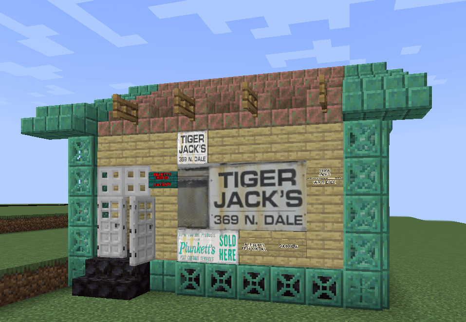 A screenshot of a model of Tiger Jack's shack. Signage on the front reads "Tiger Jack's - 369 N Dale", and "Plunketts Sold Here".
